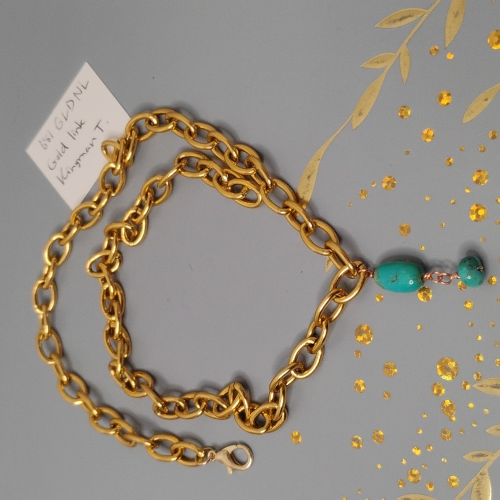 Genuine Kingman turquoise gold link chain necklace - Picture 3 of 9